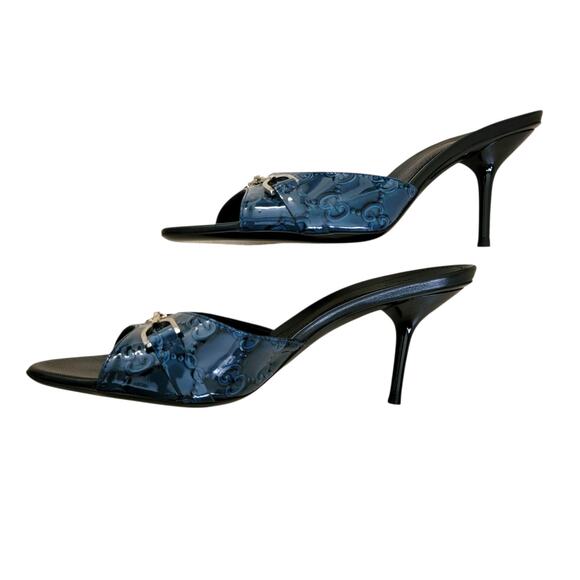 Vintage Gucci Horsebit GG Logo Blue Black Leather Slip-On Mule Heels 37.5 / 7.5 - Picture 6 of 13